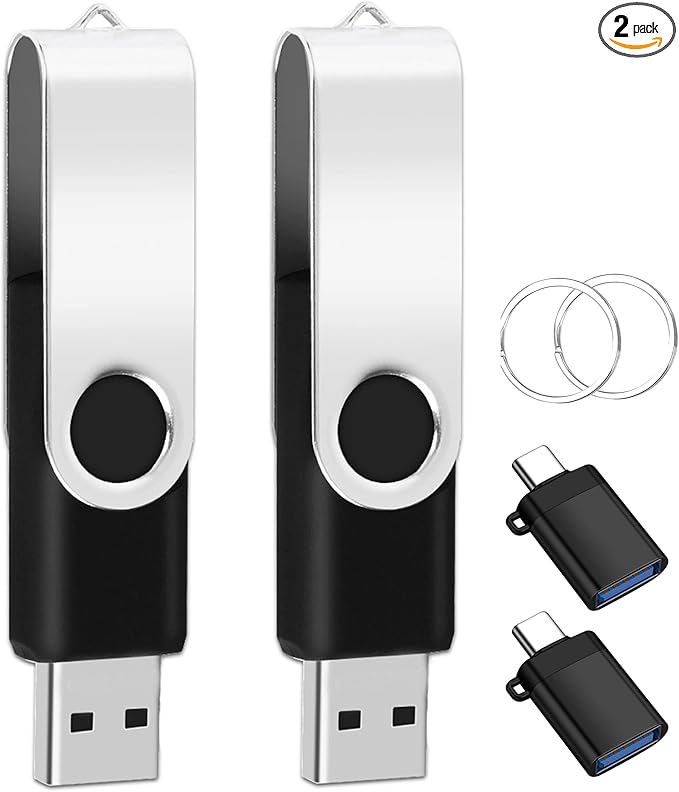 EASTBULL 2 Pack of 4GB USB 2.0 Flash Drives with 2 Type-C Adapters and Keychains, High Speed 4GB Thumb Drives 360 Rotatable Swivel (2Pcs Black)