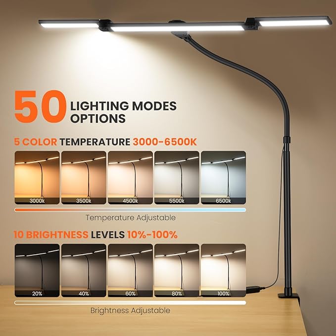 LED Desk Lamp for Office Home, 3 Light Bar Adjustable Desk Light with Clamp, Architect Table Lamp Computer Monitor Lighting, Stepless Dimming Eye-Caring Clip on Light for Workbench Reading Study Black