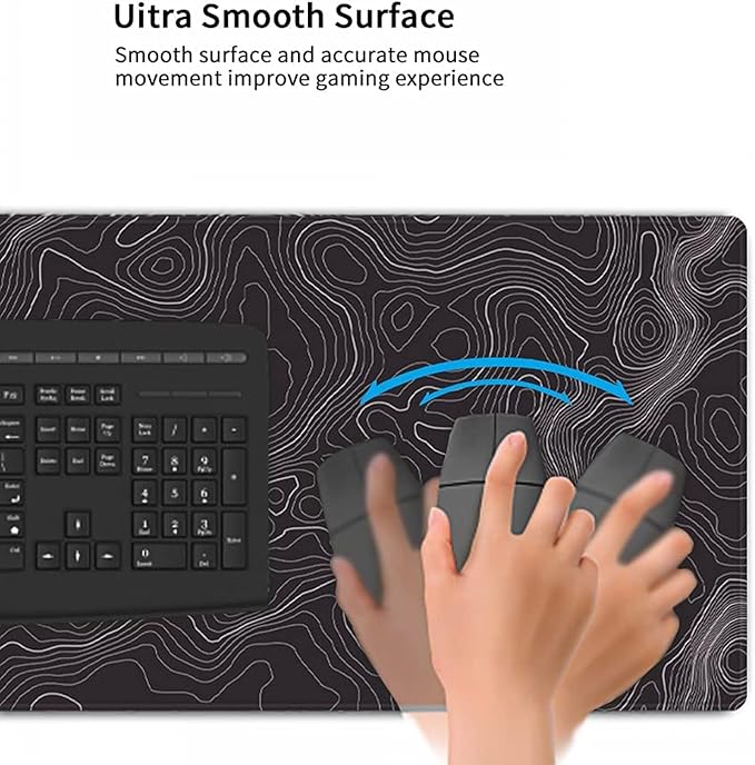 AQQA Topographic Gaming Mouse Pad XL - (31.5 x 11.8 in) Large Black and White Desk Mat, Extended Contour Line Mousepad with Non-Slip Rubber Base, Waterproof Stitched Edges for Office & Home