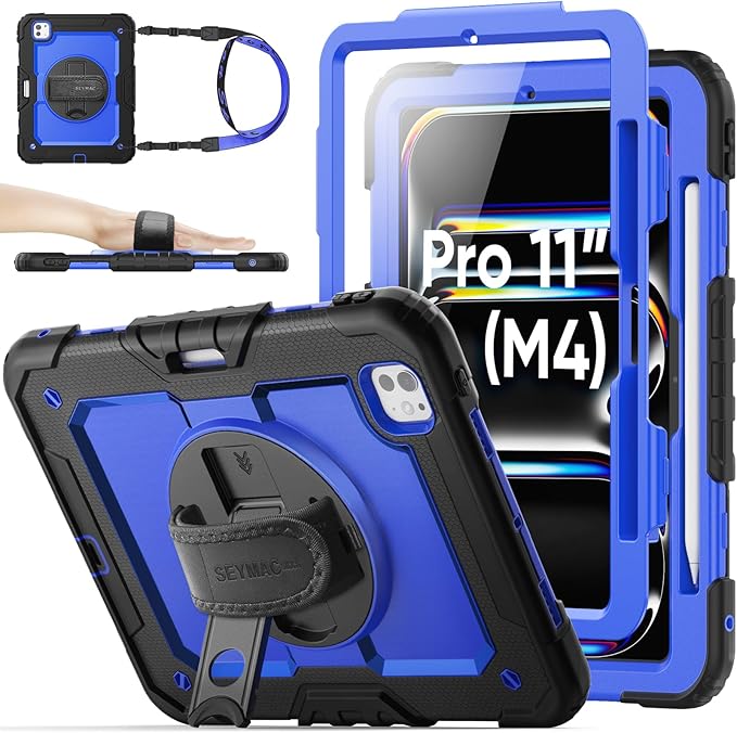 SEYMAC stock Case for iPad Pro 11-inch M5-M4 2025-2024, Shockproof Heavy Duty Case with Screen Protector, Pencil Holder, Rotating Stand, Hand Strap, Shoulder Strap, Blue