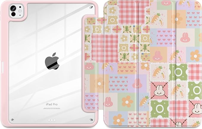 Case for iPad Pro 11 inch (M5) 2025 (M4) 2024 Release Slim Lightweight Cute Light Pink Cover with Clear Back TPU Edge Pencil Holder Trifold Stand, Cute Bunny