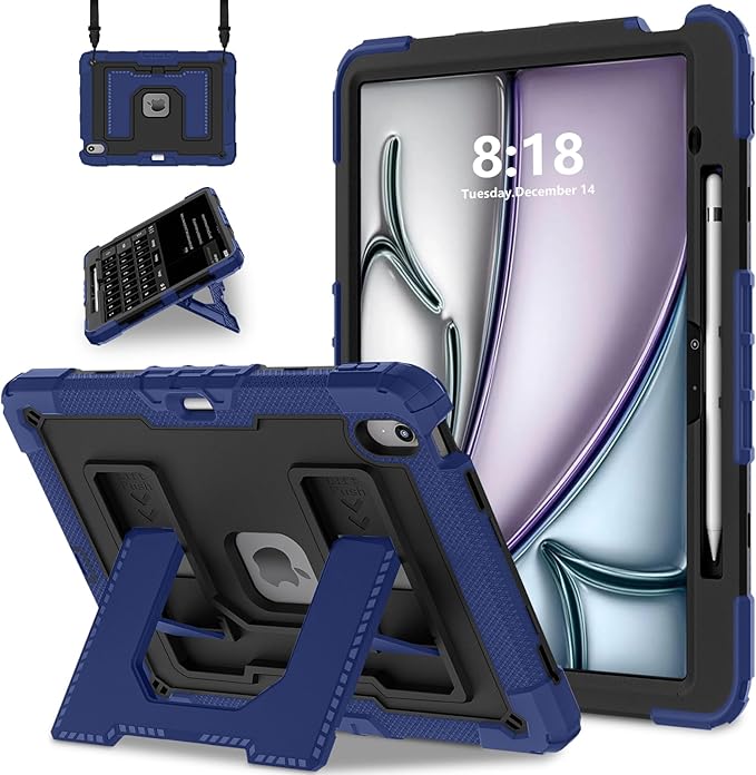 Kids Friendly Case for iPad Air 13 Inch M4 M3 M2 2026/2025/2024 Case with Pencil Holder & Shoulder Strap, Military Grade Shockproof Kickstand Hard Shell Protective Cover,Blue+Black