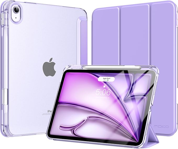 MoKo for iPad Air 11 inch Case (M4/M3/M2) 2026/2025/2024, iPad Air 5th/4th Gen 10.9 inch Case 2022/2020 with Pencil Holder, Slim Light Trifold Cover with Hard PC Translucent Back Shell, Lilac