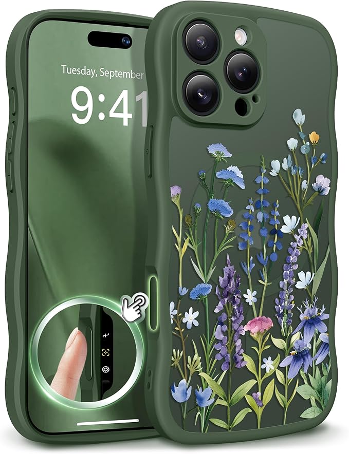 GVIEWIN for iPhone 16 Pro Max Case Compatible with MagSafe [Curly Wave Edge][Full Camera Protection] Floral Translucent Shockproof Magnetic Women Phone Case for 16 Pro Max, Sweet Posy/Forest Green