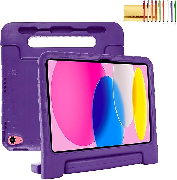 Dteck Kids Case for iPad 10th Gen 10.9 inch with Pencil Holder, Shockproof Rugged EVA Handle Stand, Child Proof, Purple