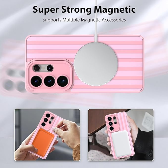 KANGHAR Compatible with Samsung Galaxy S26 Ultra Case, Support for MagSafe, Silicone Stripes Cute Pattern, Wristband Kickstand Camera Protection Soft Slim Cover for Girls Women -Pink