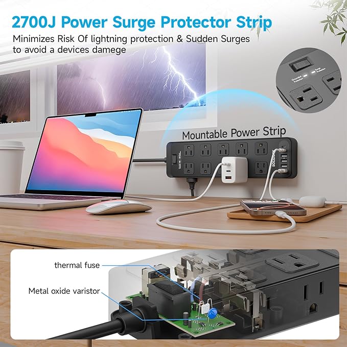 20 Outlet Power Strip with USB C,6Ft Extension Cord with Multiple Outlets, 2700 Joules Surge Protector,1875W/15A, ETL Listed for Home Office Dorm Gaming