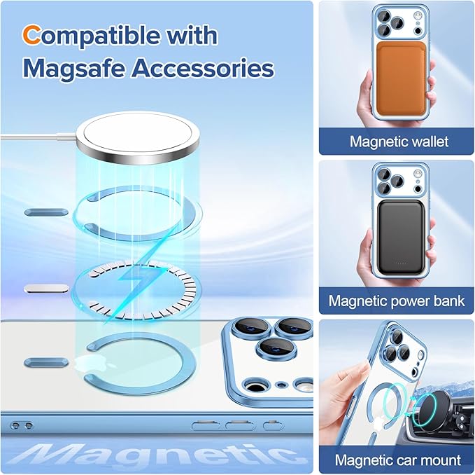 Hython Magnetic Clear for iPhone 17 Pro Max Case with Camera Lens Protector [Compatible with MagSafe] Plating Edge Slim Soft TPU Cover Protective Phone Case for 17 Pro Max 6.9", Matte Light Blue