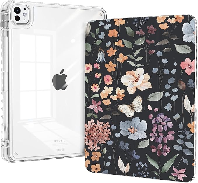 for iPad Pro 11-inch Case M5 (2025) Chip, Slim iPad Pro 11 M4 (2024) Case with Pencil Holder, Trifold Stable Stand, Transparent Shockproof Back Cover Full Protection, Black Flower