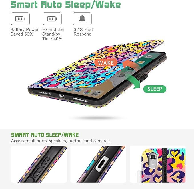 for iPad (A16) 11Th/10Th Generation Case 2025/2022, for iPad Case 11Th/10Th Generation, 10Th/11Th Gen iPad Cover Pencil Holder/Hand Strap/Pocket/Adjustable Stand, Love Leopard