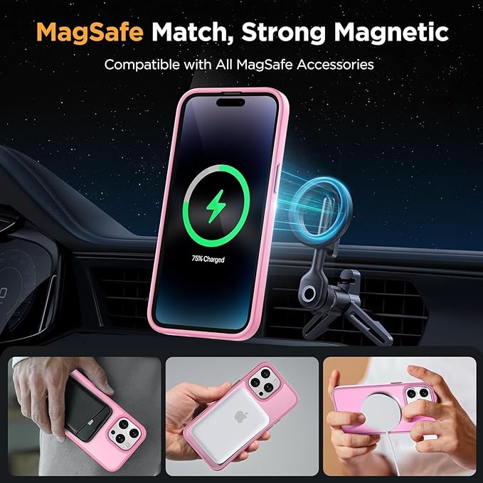 Miracase Magnetic for iPhone 14 Pro Max Case 6.7 inch (Compatible with MagSafe)（with 2X Screen Protectors） Military-Grade Protection, Anti-Fingerprint Translucent Matte Phone Case Cover, Mes Pink