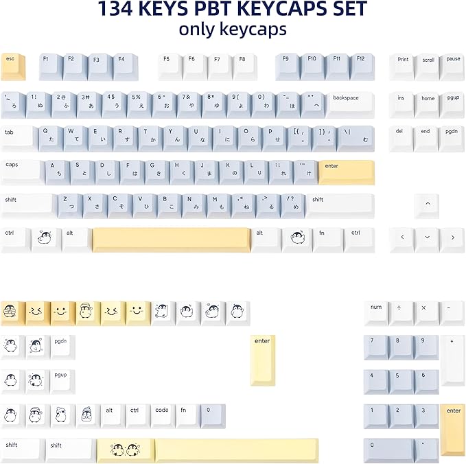 134 Keys Blue&White Penguin Keycaps - Cute PBT Japanese Keycap Cherry Profile Dye Sublimation - Custom White Key Cap for Cherry Gateron MX Switches Mechanical Gaming Keyboard