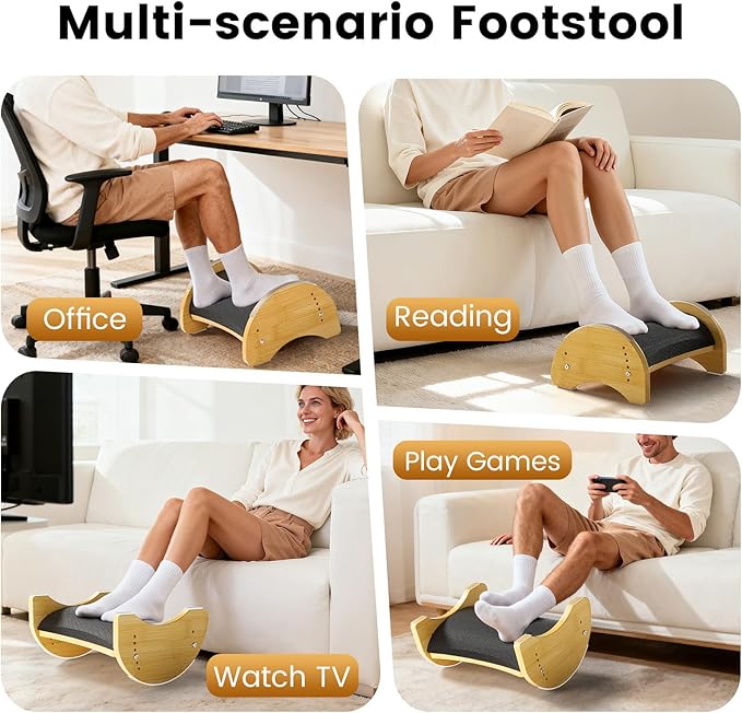 Bamboo Under Desk Footrest with Cushion - 6-Level Adjustable Ergonomic Wooden Foot Rest for Office & Home - Reversible Rocking Footstool for Short Legs, Back & Lumbar Pain Relief - Non-Slip