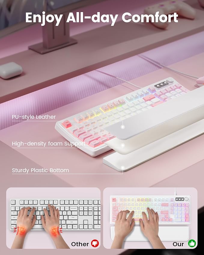 SABLUTE Wired Gaming Keyboard and Mouse, RGB Backlit Mechanical Feel Keyboard with Multimedia Knob & Anti-Ghosting Ergonomic Premium Leather Wrist Rest (Pink)