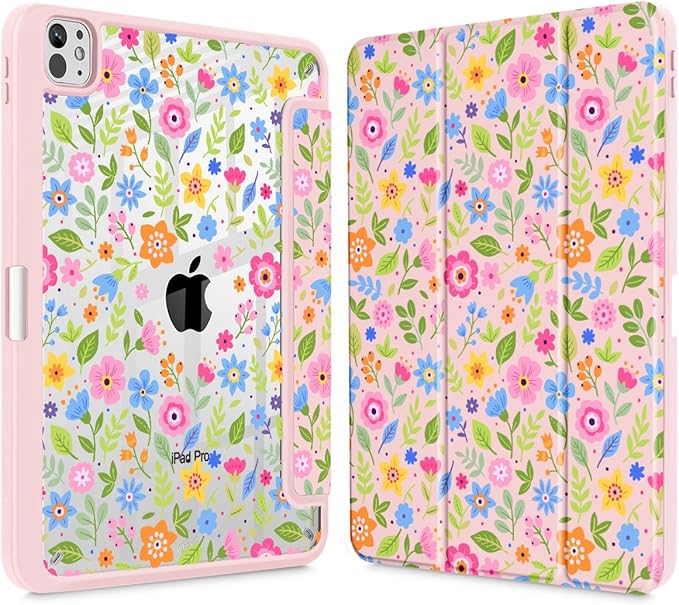 May Chen Case for iPad Pro 11-Inch M5/M4 2025/2024 (6th/5th Generation), Clear Transparent Print Back Shell Slim Stand Shockproof Tablet Cover, Auto Wake/Sleep, Small Flowers