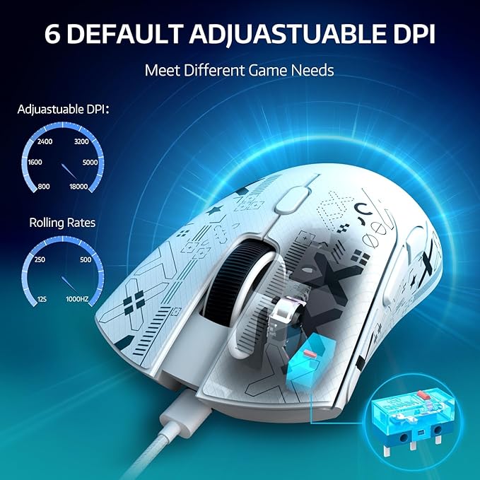 ATTACK SHARK R1 Wireless Gaming Mouse,Tri-Mode Connection (2.4G/Wired/BT5.2),55g Lightweight,18K DPI Optical Sensor,HUYU 20 Million Key Life,Ergonomic Design,for PC/Laptop/Win/Mac(White+Sticker)