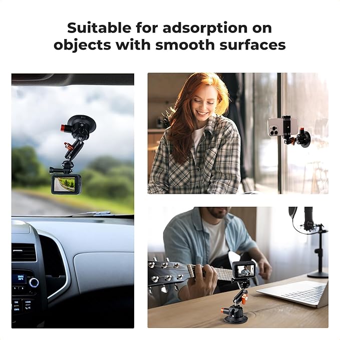 K&F CONCEPT 3" Suction Cup Mount with 360° Double Ball Head Magic Arm, 1/4" Screw Threads, Quick Release Car Mount Compatible with DJI Insta360 for Action Camera Phone Video