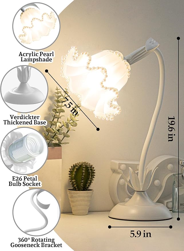 Flower Table Lamp Bedside Lamps LED Reading Light,3 Color Modes Cute Small Lamp,Vintage Flower Lamp Kawaii Table Lamp for Bedroom Living Room Office Dorm Desk Home Decor (Pearl White lamp)