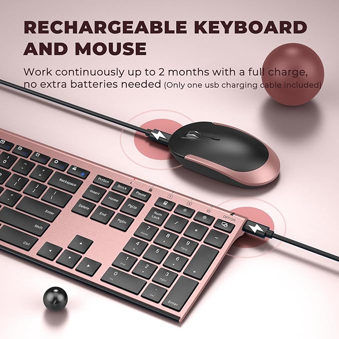 Wireless Keyboard and Mouse, Vssoplor Rechargeable Quiet Full-Size Keyboard and Mouse Combo Set Ultra Slim Design for Laptop, PC, Notebook, Desktop-Black and Rose Gold
