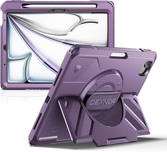 Dexnor Case for iPad Air 11 inch M4/M3/M2, iPad Air 5th/4th Generation 10.9 inch Rugged Case with 360° Rotating Hand Strap & Stand & Screen Protector & Pencil Holder Shockproof Full-Body Cover, Purple
