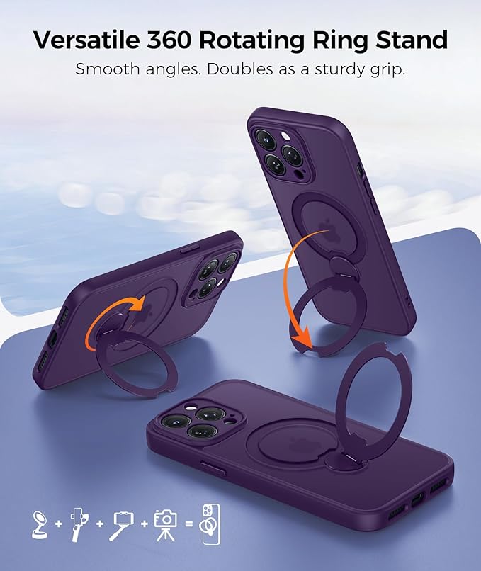 FNTCASE for iPhone 13 Pro-Max Case: [360 Spin Magnetic Stand] [Compatible with Magsafe] [Screen Protector] Translucent Matte Military Grade Shockproof Full Camera Protective Phone Cover - Purple