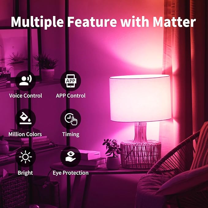 ANWIO Matter Smart Light Bulbs 8.5W (60W Replacement) A19 E26 LED Bulb Compatible with SmartThings App, Alexa, Google Assistant, Color Changing Light Bulb, 806lm,2.4Ghz only,Hub Required（2-Pack）