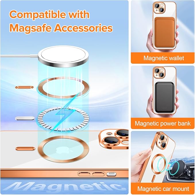 Hython Magnetic Clear for iPhone 15 Plus Case with Camera Lens Protector [Compatible with MagSafe] Luxury Plating Edge Slim Soft TPU Cover Protective Phone Case for iPhone 15 Plus 6.7", Orange