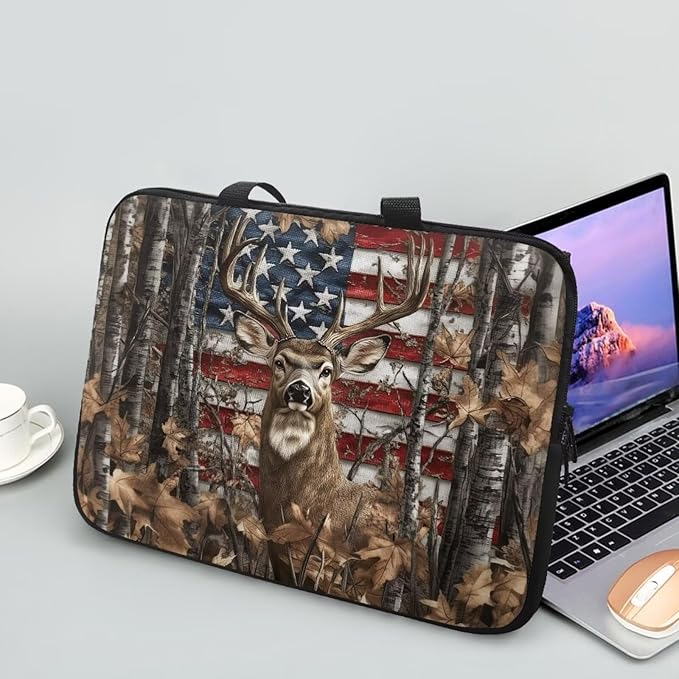American Flag Deer Forest 10 Inch Laptop Sleeve for Men Women Portable Computer Bag with Handle Tablet Cover Laptop Tote Bag Carrying Case Handbag for Office Travel Business School