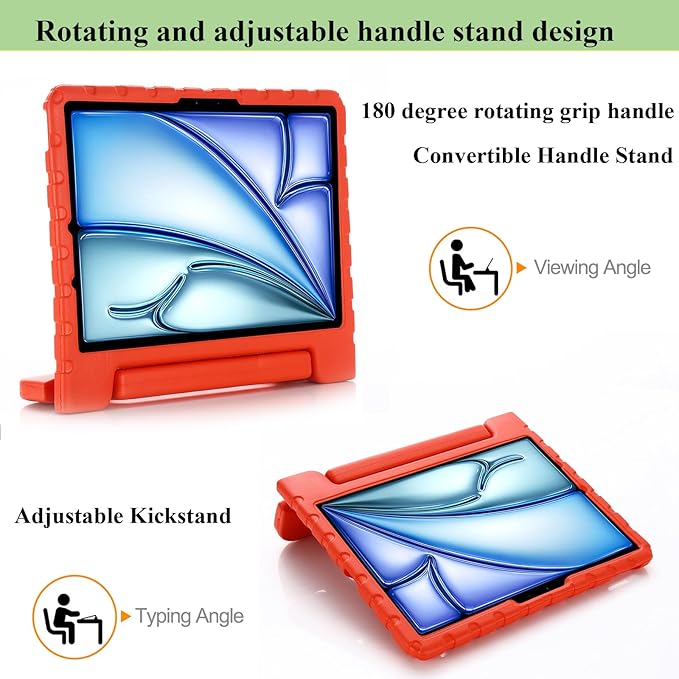 for iPad Air 11-inch Case M3/M2 (2025/2024) for Kids with Pencil Holder/Kickstand, Anti-Slip Handle Stand Lightweight Soft EVA Foam Shockproof Rugged Bumper Tablet Protective Cover, Red