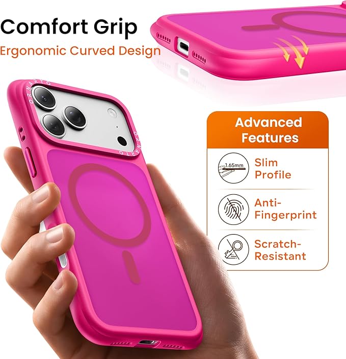 ORNARTO Magnetic for iPhone 17 Pro Max Case, 20FT Military-Grade Drop Protection, Compatible with MagSafe, Slim Shockproof Translucent Matte Phone Case for iPhone 17 Pro Max 6.9", Hot Pink