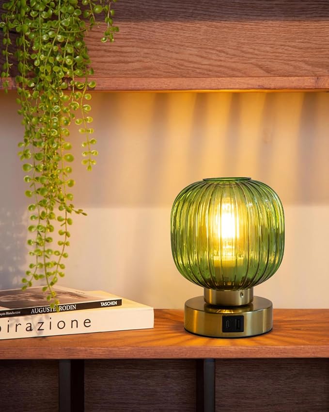 Elenhome Touch Small Table Lamp,Elegant Green Glass Bedside Lamp 3 Way Dimmable with USB C+A Charging Ports - Bedroom Nightstand & Living Room Essential, 4W Bulb Included (Green)
