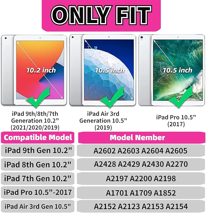 Kids Case for iPad 10.2 & 10.5, iPad 9th/8th/7th Generation 10.2" 2021 2020 2019 Case with Screen Protector, iPad Air 3rd Gen/Pro 10.5 inch Protective Cover with Handle Stand, Pink