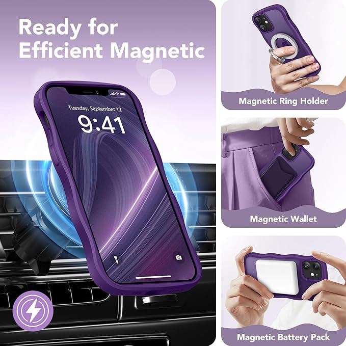 CAPRARO Cute for iPhone 12 Case & iPhone 12 Pro Case, Compatible with MagSafe, [Curly Wave Edge] [Camera Protection] [14 FT Drop Protection] Magnetic for iPhone 12/12 Pro, Deep Purple