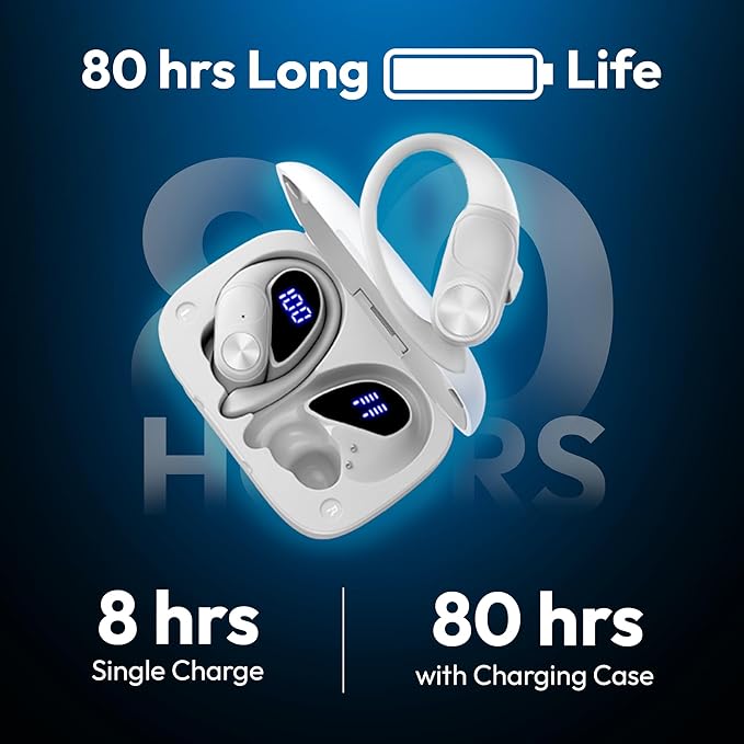 Wireless Bluetooth Sports Earbuds - Over-Ear Hook Headphones with LED Display - Touch Control & Voice Assistant - Wireless Charging Case – for Running - Gym - Workout (Light Grey)