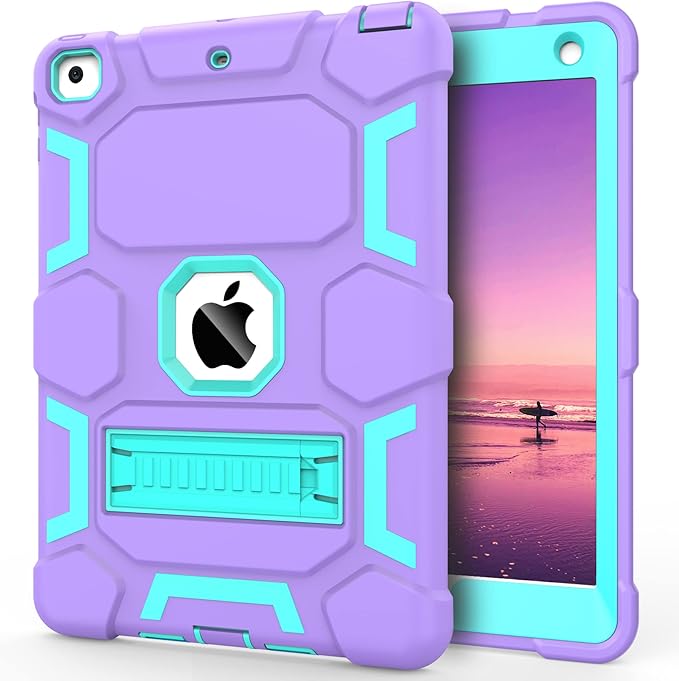 CCMAO Compatible with iPad 6th Generation Cases, iPad 5th Generation Case, iPad 9.7 Case, iPad Air 2 Case, Hybrid Shockproof Rugged Drop Protection Case with Kickstand, Purple+Green