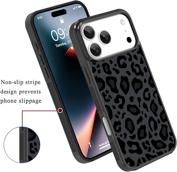KANGHAR Case Compatible with iPhone 17 Pro,Black Leopard Design,Tire Texture Non-Slip +Shockproof Rugged TPU Protective Case for iPhone 17 Pro 6.3 Inch