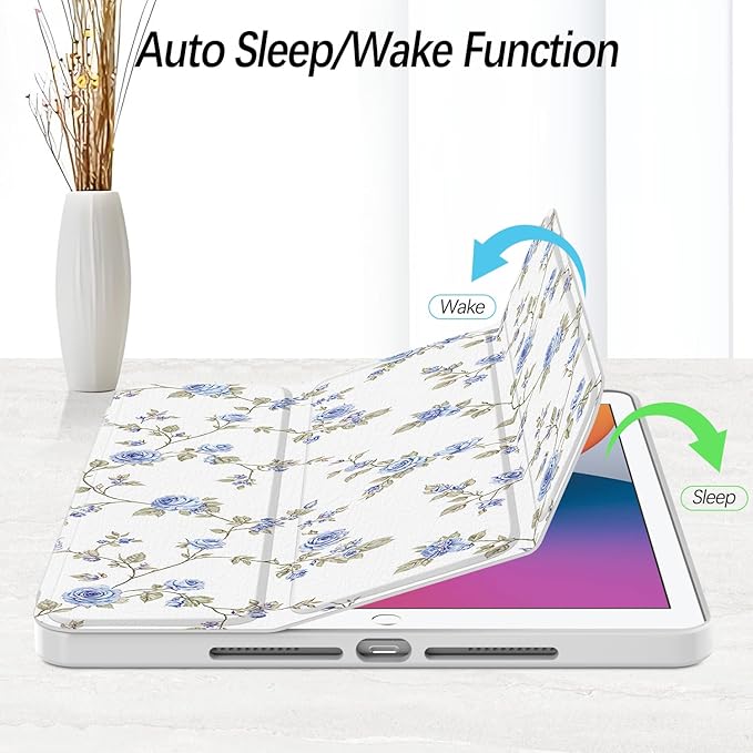 Case for iPad 9th / 8th / 7th Generation (2021/2020/2019) 10.2 inch, Case with Pencil Holder, Stand Clear Back Cover Cute Cool Design for Women Girls, Auto Sleep/Wake, Blue Rose