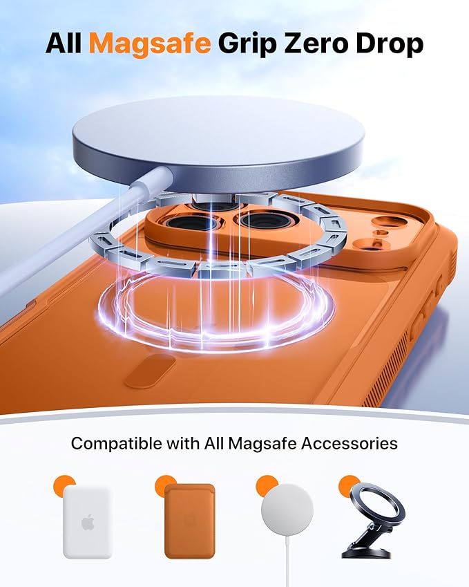 Diaclara Magnetic Designed for iPhone 17 Pro Case 6.3'' [Full Camera Protection] Full Body Bumper,[Compatible with MagSafe] Military Drop Proof Phone Case w/Built-in Screen Protector,Orange