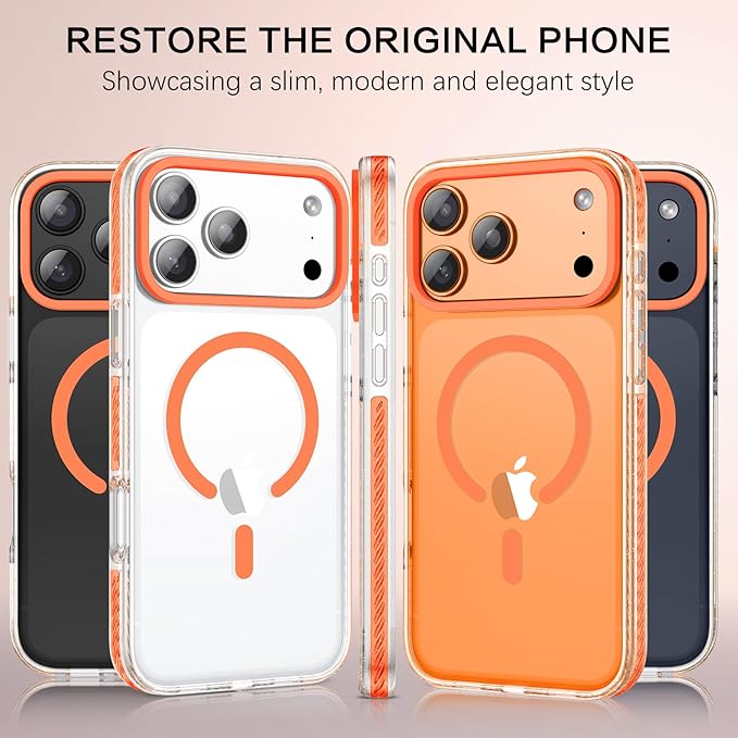 BENTOBEN Magnetic for iPhone 17 Pro Max Case 6.9", Compatible with Magsafe Military Shockproof Protective Bumper Cute Transparent Slim Anti-Yellowing Case for iPhone 17 Pro Max Cover, Clear Orange