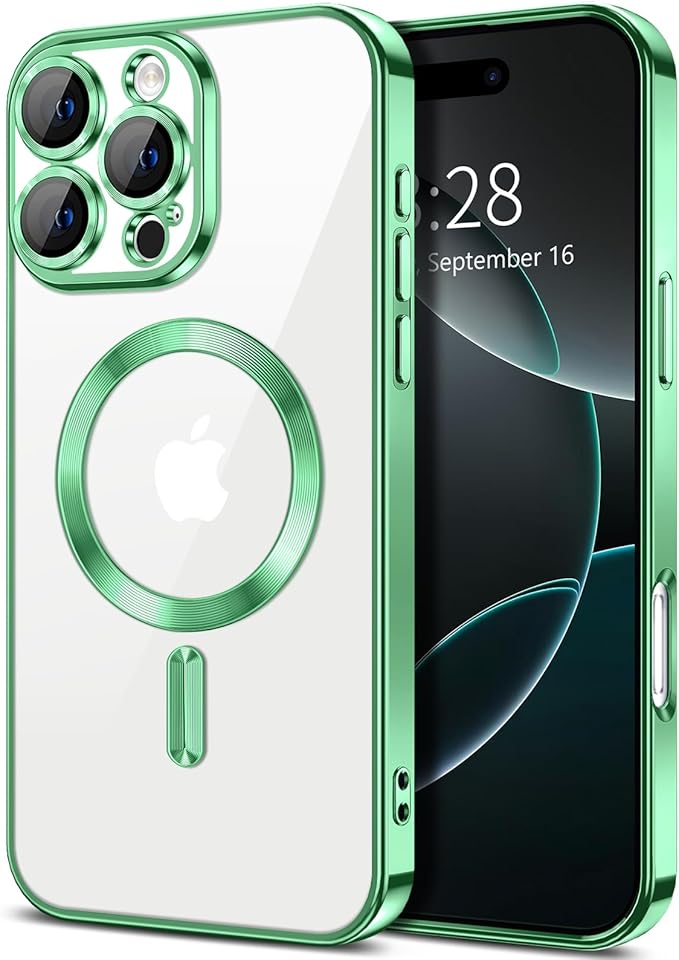 Hython Magnetic Clear for iPhone 16 Pro Max Case with Camera Lens Protector [Compatible with MagSafe] Plating Edge Slim Soft TPU Cover Protective Phone Case for iPhone 16 Pro Max 6.9", Light Green