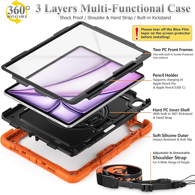 SEYMAC stock Case for iPad Air 13-inch M4-M2 2026-2024 (Gen 8-6), Shockproof Heavy Duty Case with Screen Protector, Pencil Holder, Rotating Stand, Hand Strap, Shoulder Strap, Orange
