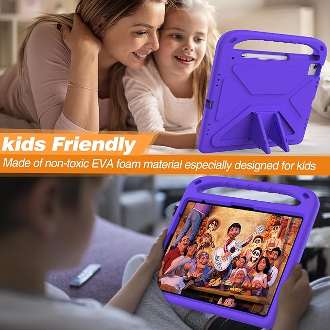 Kids Case for iPad Pro 13 inch (M5) 2025/ (M4) 2024, with Pencil Holder/Kickstand/Handle Stand Lightweight Cute Soft EVA Shockproof Silicone Anti-Slip Grip Rugged Girls Boys Cover, Purple