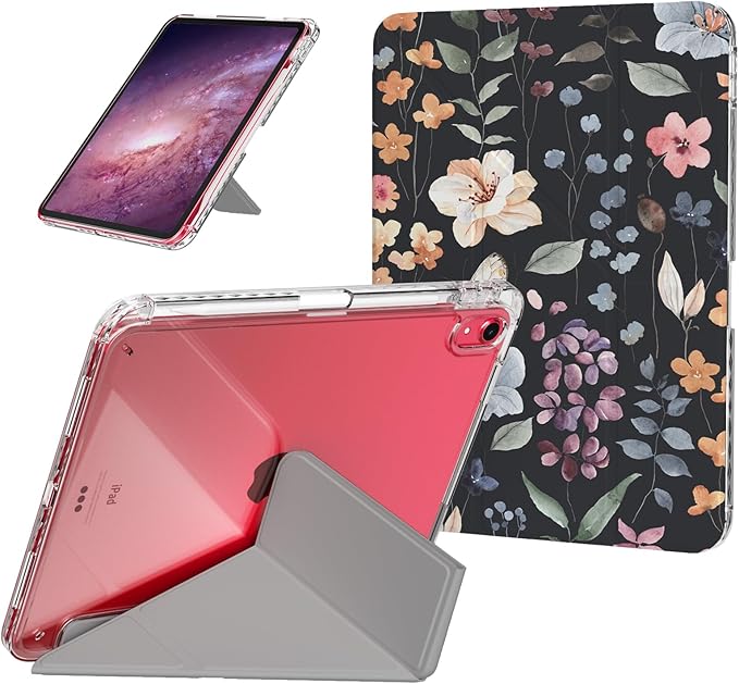 Origami Case for iPad 10th Generation 10.9" 2022, iPad 11th Generation A16 Case 11 Inch 2025, Clear Shockproof Cover with Pencil Holder, Multi-Angle Stand, Black&Flower
