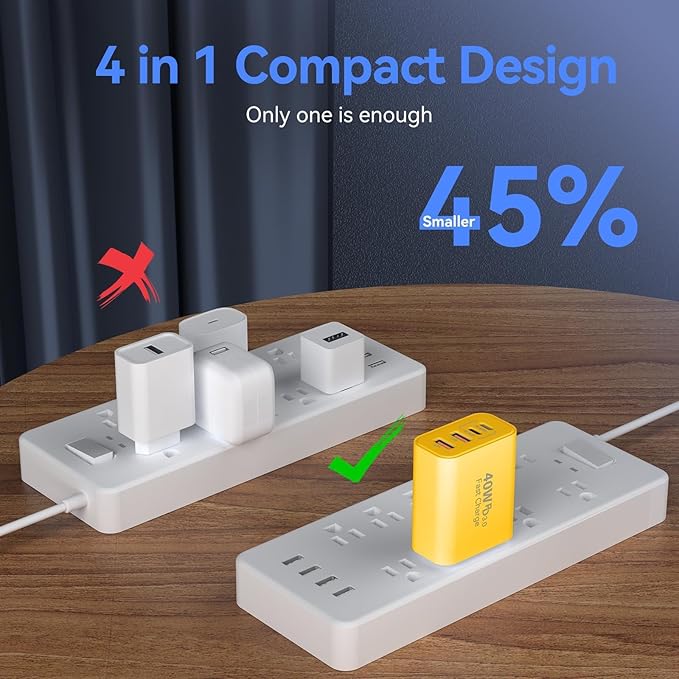 USB C Wall Fast Charger Block, 40W 4-Port Type C Chargers Fast Charging Blocks PD Power Charger Adapter+QC 3.0 USB Multiport Charger Brick for Phone 17/16/15/14/13/12 Pro Max, i-Pad, Galaxy S25-2Pack