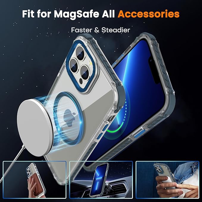 DEERLAMN Strong Magnetic Case for iPhone 13 Pro 6.1-Inch,[Compatible with Magsafe][Military-Grade Protection] Clear Slim Shockproof Protective Phone Cover for Women Men-Transparent+Blue