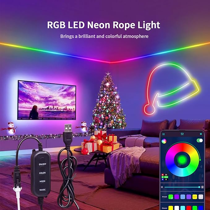 LED Neon Rope Light, 9.84FT RGB LED Strip Light APP Control, Button Control, 5V Music Sync Color Changing Rope Light, IP65 Waterproof LED Light for Bedroom Gaming, Halloween Party Decor