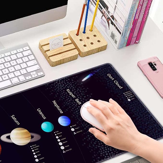 Black Large Gaming Mouse Pad with Stitched Edges, Desk Pad Extended Keyboard Mat, Non-Slip Rubber Base Mousepads for Laptop, Office, Home, 31.5X11.8 inch Solar System with Scientific Information
