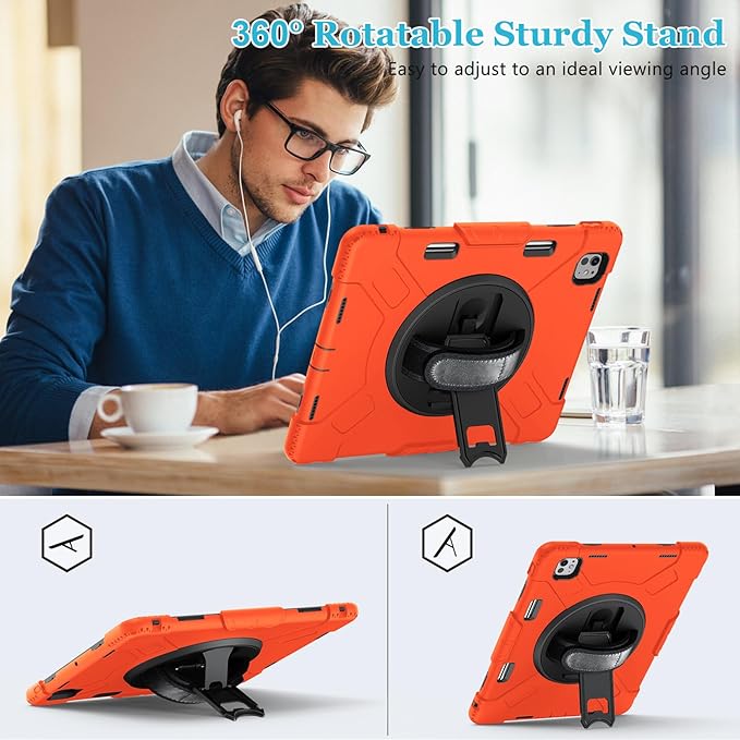 Case for iPad Pro 13 Inch M5 2025/ M4 2024: Military Grade Cover for iPad Pro 13" with Screen Protector - Stand - Handle - Shoulder Strap - Pencil Holder- Orange