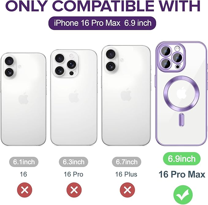 Hython Magnetic Clear for iPhone 16 Pro Max Case with Camera Lens Protector [Compatible with MagSafe] Plating Edge Slim Soft TPU Cover Protective Phone Case for iPhone 16 Pro Max 6.9", Light Purple