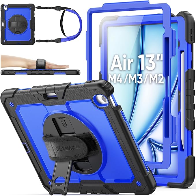 SEYMAC stock Case for iPad Air 13-inch M4-M2 2026-2024 (Gen 8-6), Shockproof Heavy Duty Case with Screen Protector, Pencil Holder, Rotating Stand, Hand Strap, Shoulder Strap, Blue